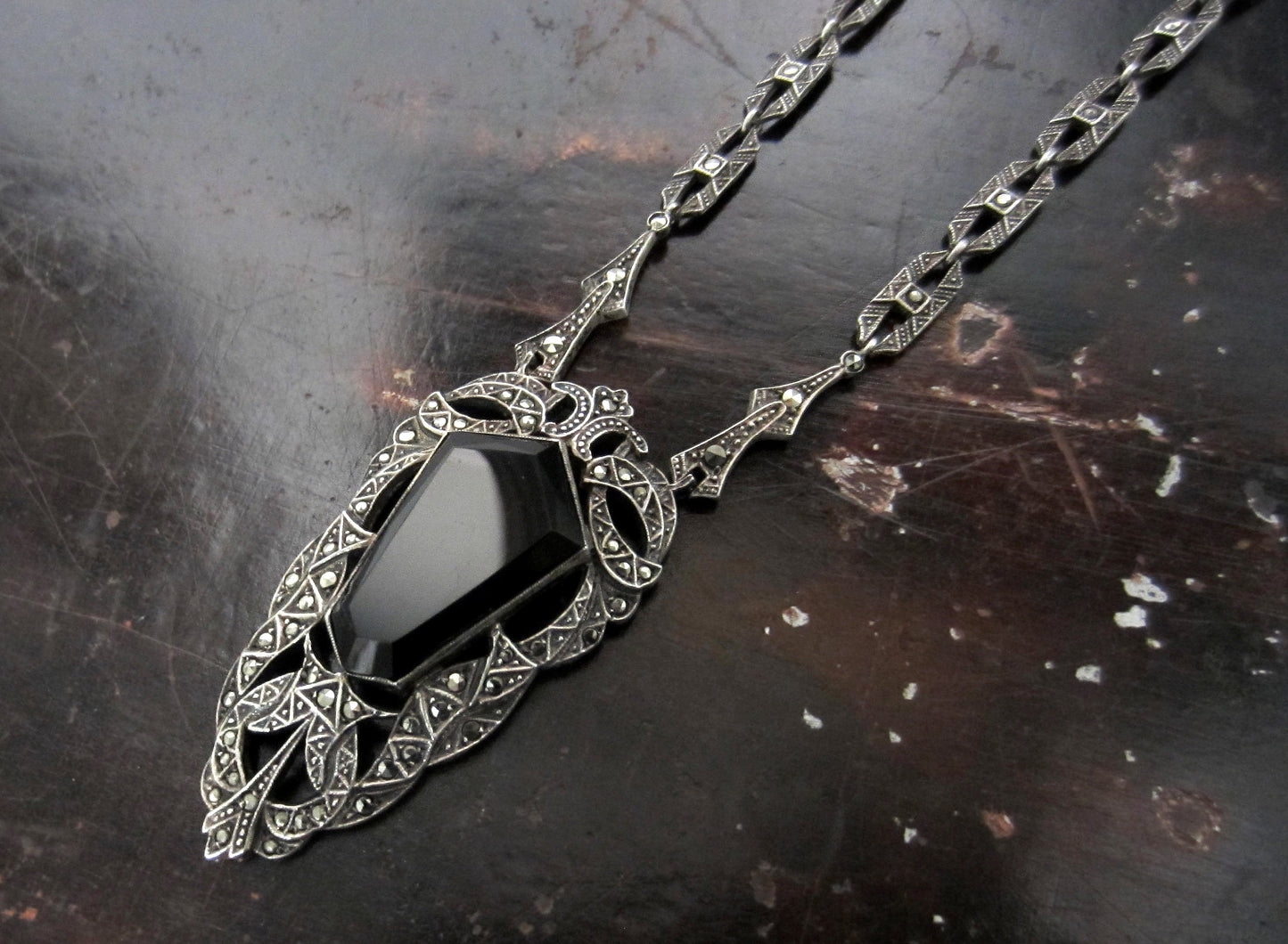 SOLD--Art Deco Onyx and Marcasite Necklace Sterling, German c. 1930