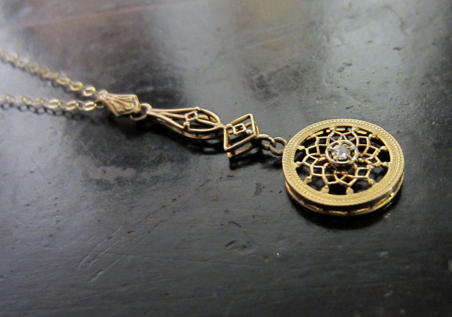 SOLD--Edwardian Diamond Filigree Pendant 10k c. 1915