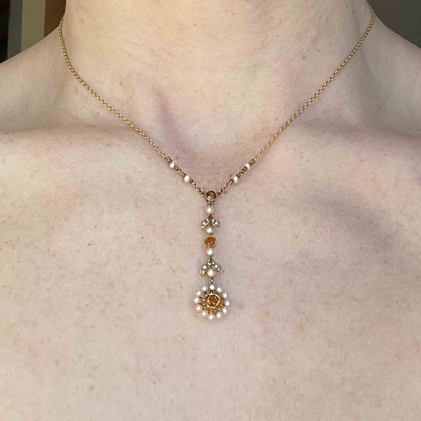 Antique Edwardian 10K Gold Citrine Lavaliere Necklace