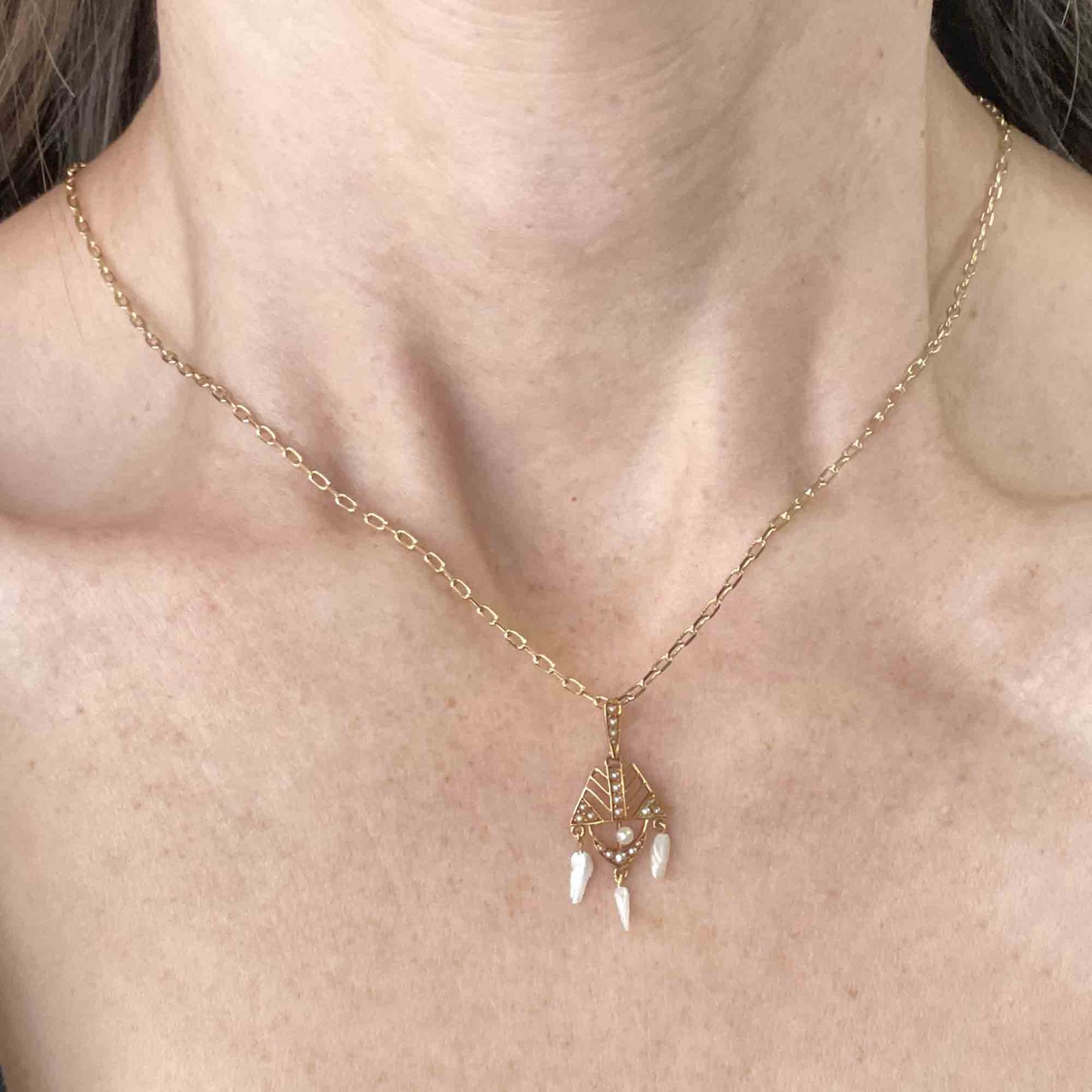 Antique Art Nouveau 14K Gold Pearl Lavalier Necklace