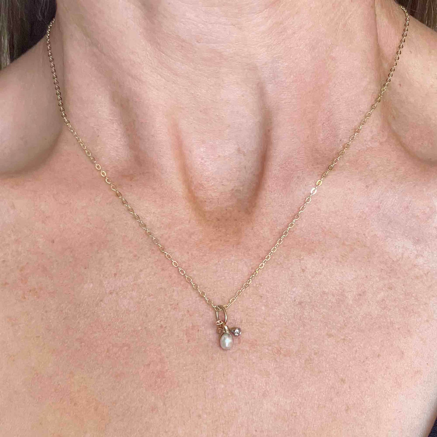 Antique Edwardian 14K Gold Diamond Pearl Charm Pendant Necklace