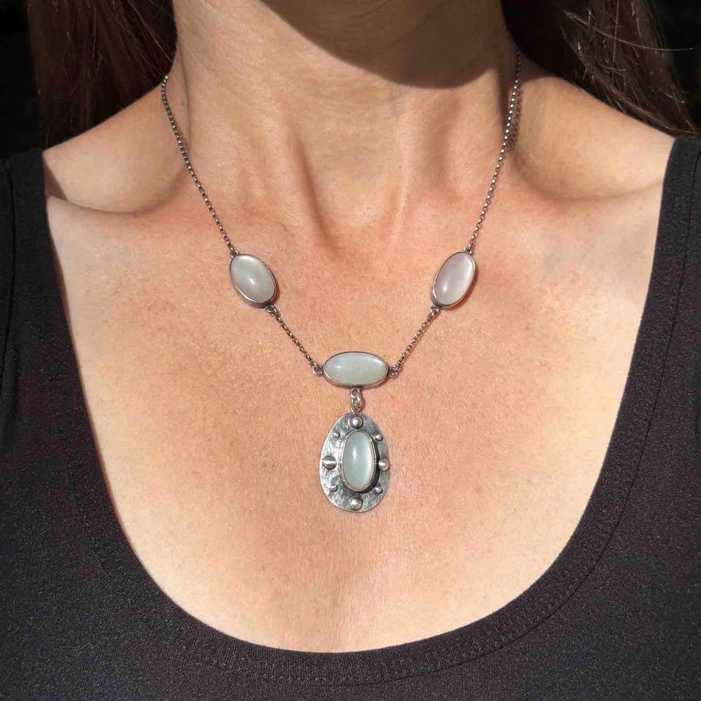 Antique Arts & Crafts Hammered Silver Moonstone Necklace