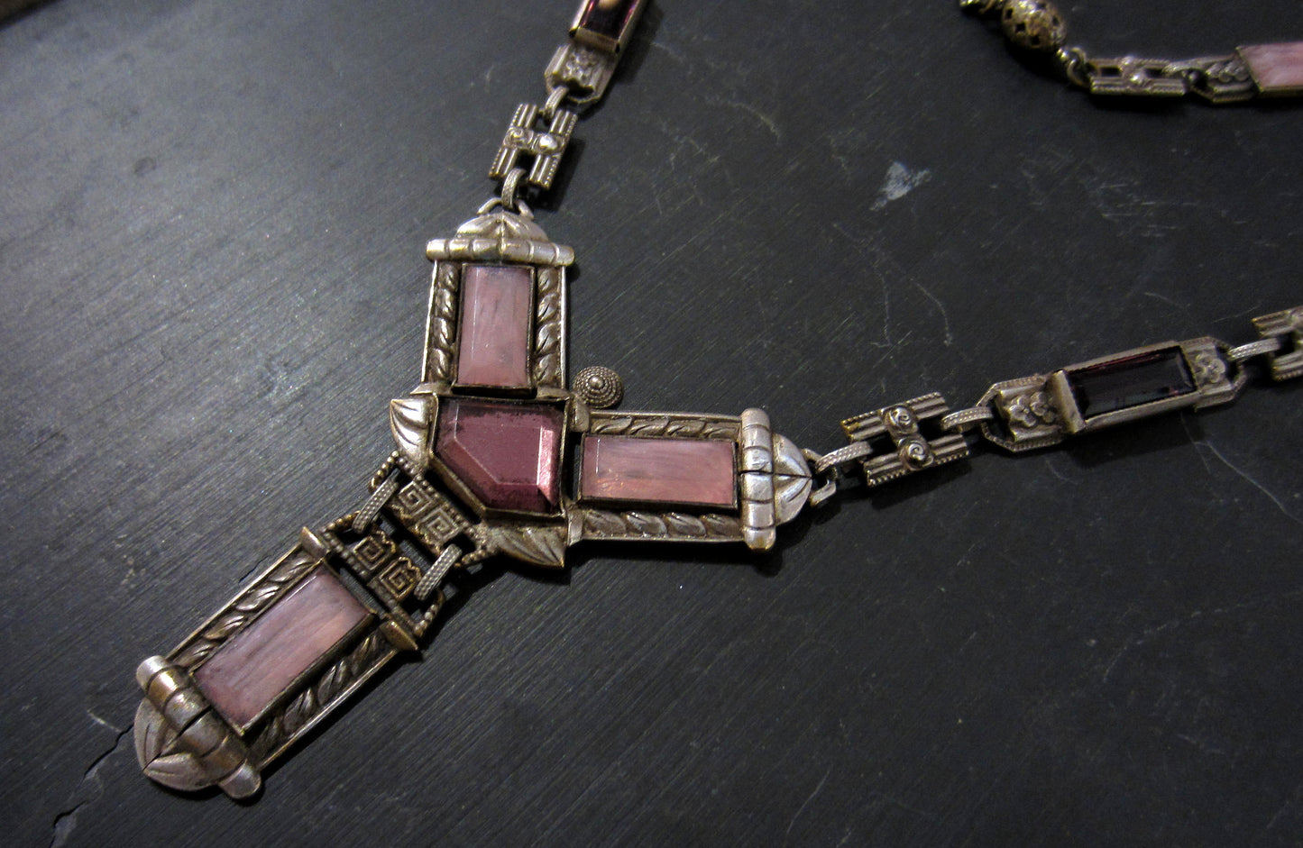 SOLD--Art Deco Purple Glass Necklace Silver Plate, Czech c. 1930