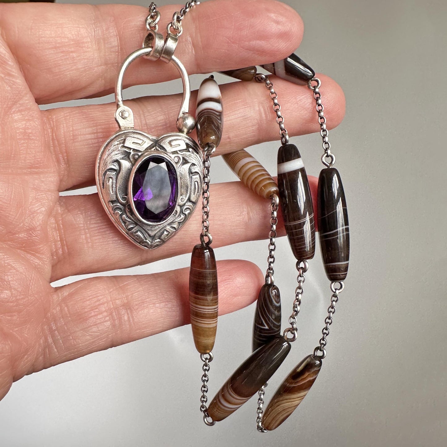 Antique Banded Agate Amethyst Heart Padlock Necklace