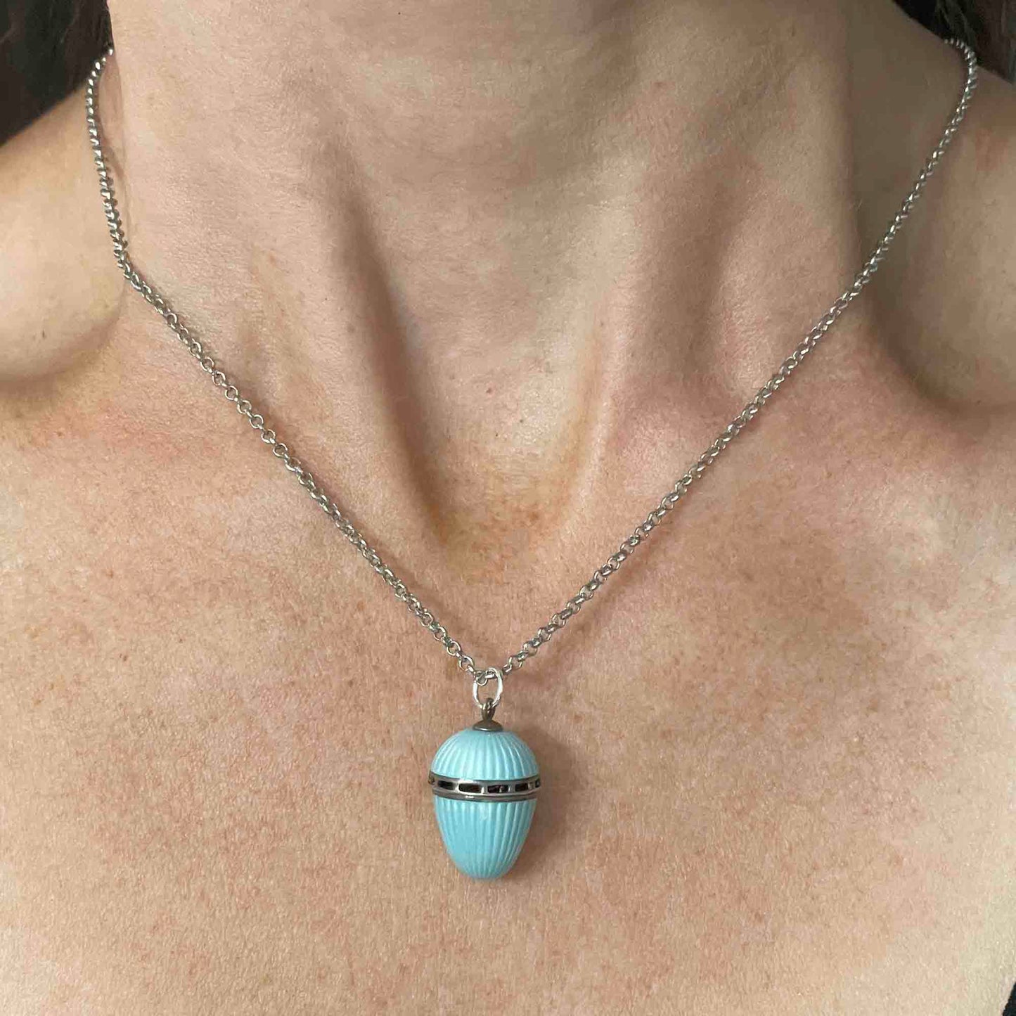 Antique Art Deco Blue Guilloche Enamel Vinaigrette Necklace