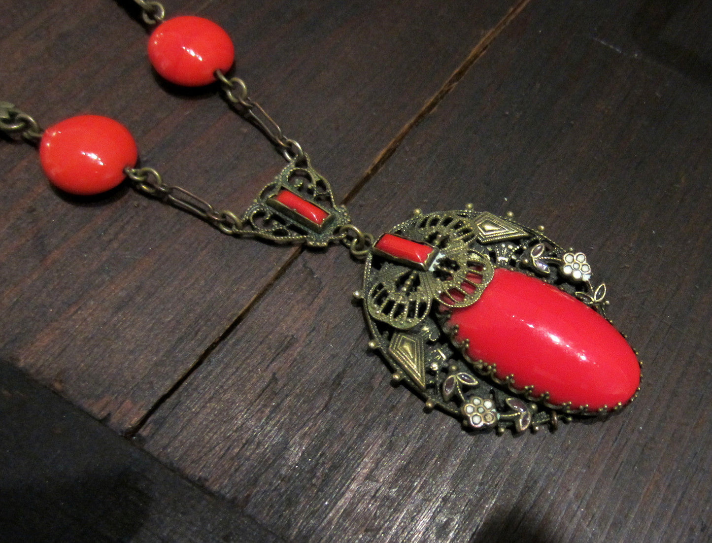 SOLD--Art Deco Red Glass and Enamel Necklace Brass, Czech c. 1930