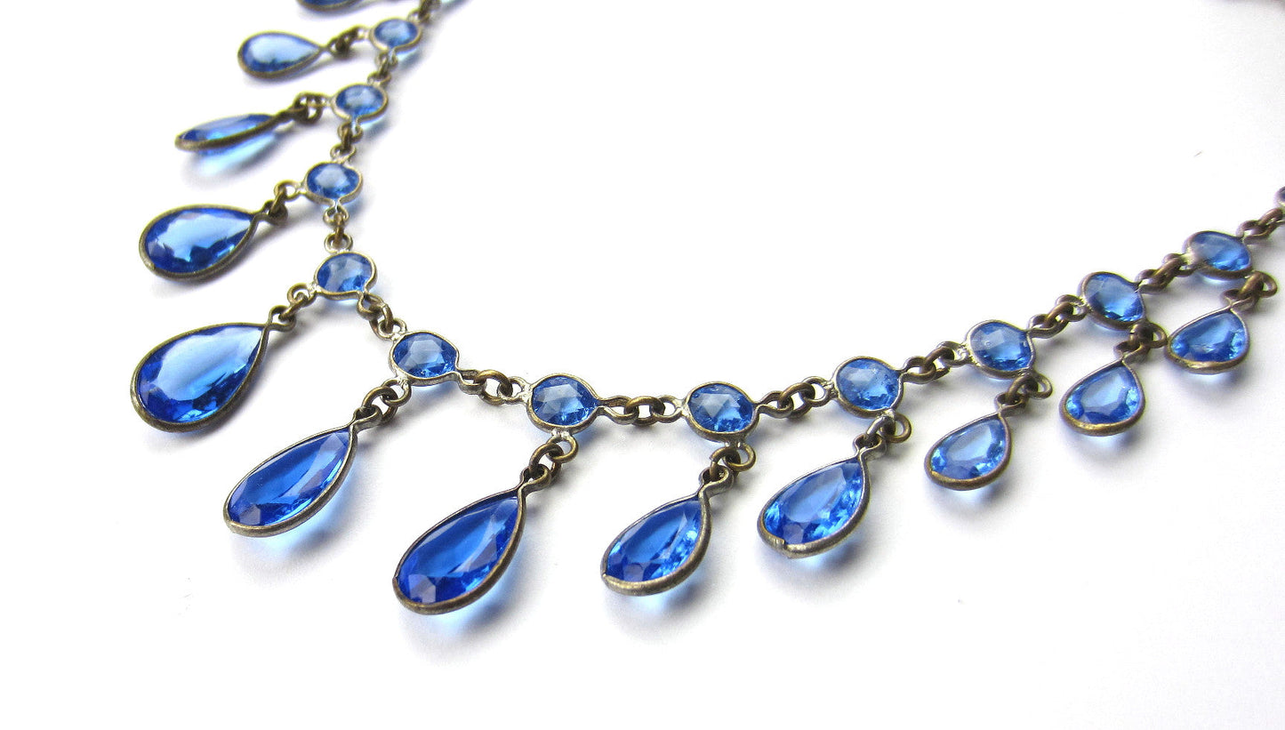 SOLD--Art Deco Blue Glass Fringe Necklace Brass c. 1930