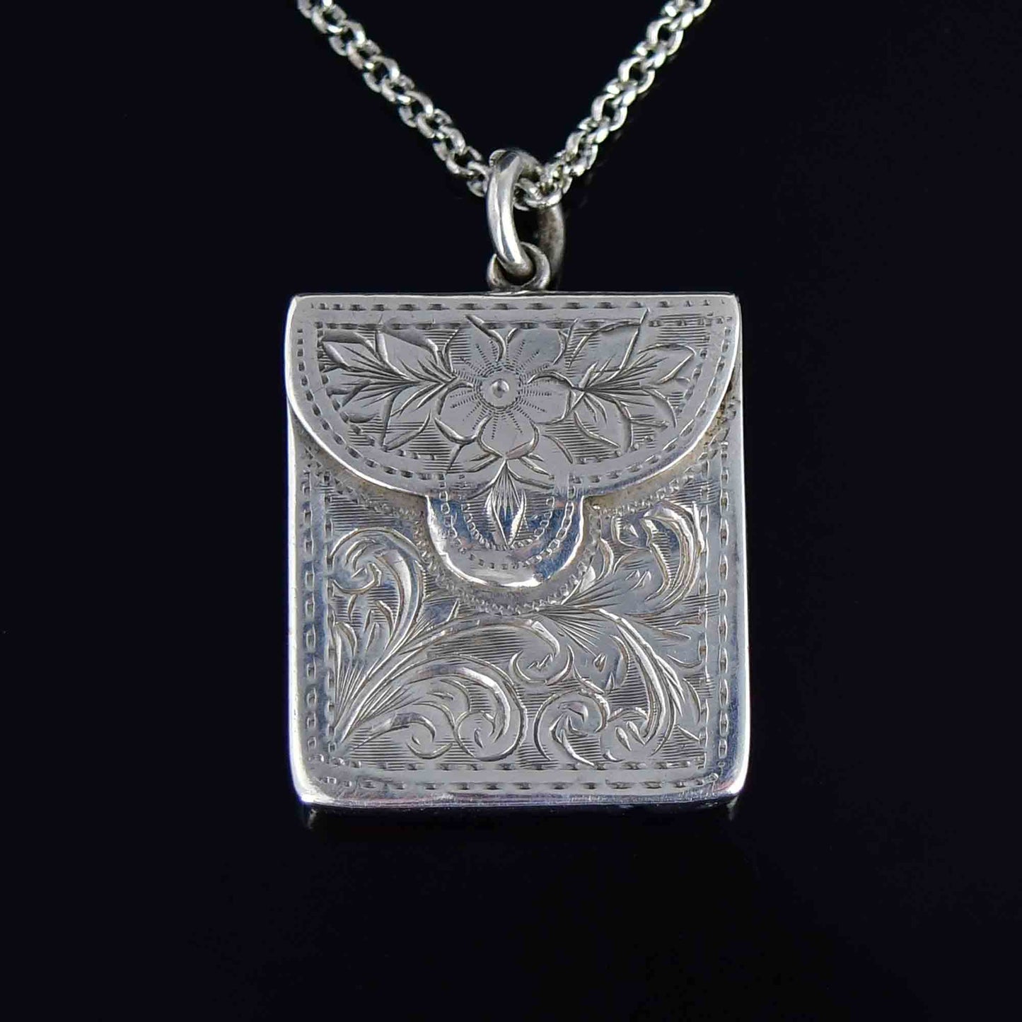 Antique Edwardian Forget Me Not Silver Stamp Holder Necklace