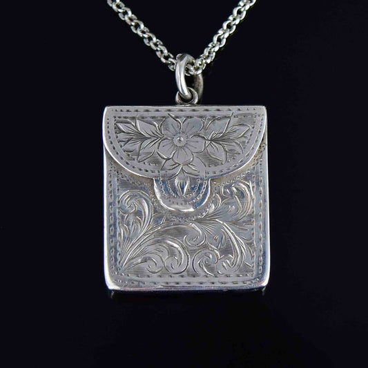 Antique Edwardian Forget Me Not Silver Stamp Holder Necklace