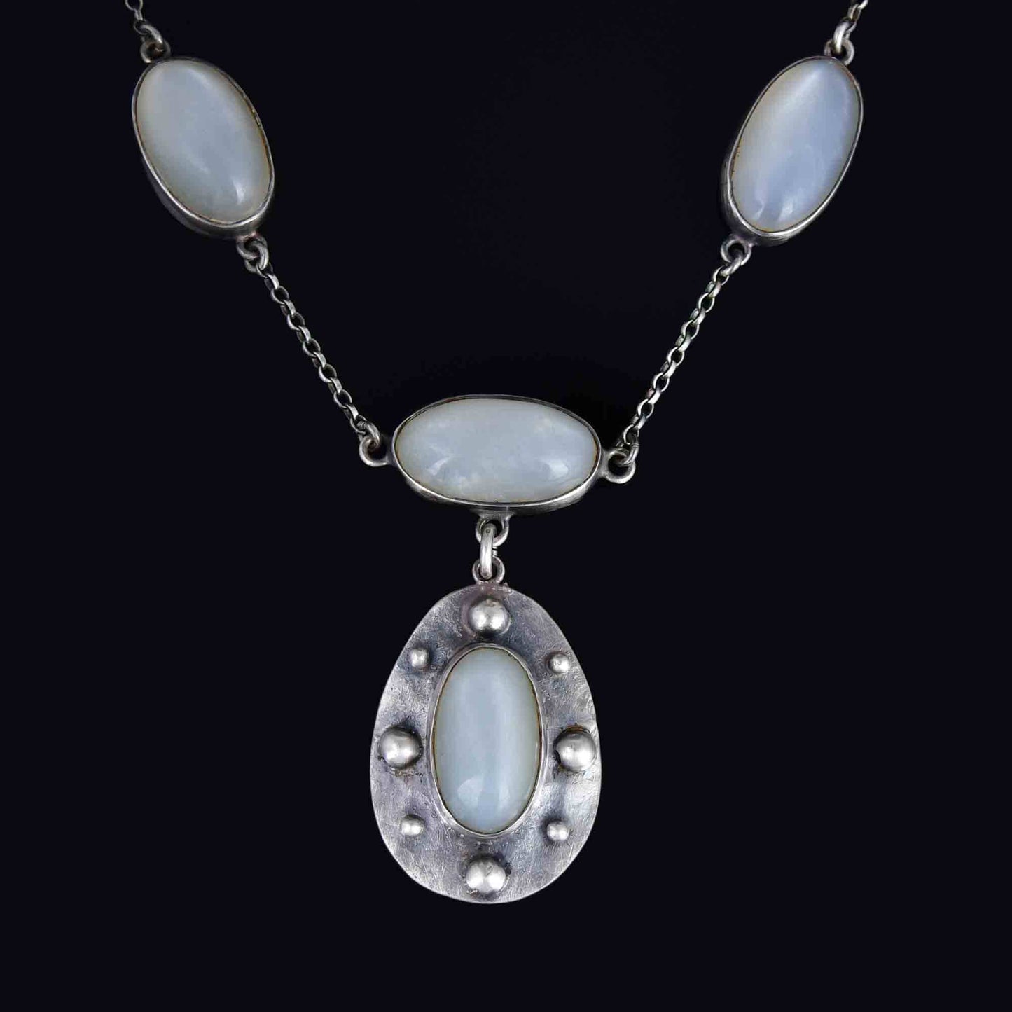 Antique Arts & Crafts Hammered Silver Moonstone Necklace