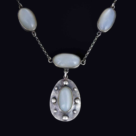 Antique Arts & Crafts Hammered Silver Moonstone Necklace