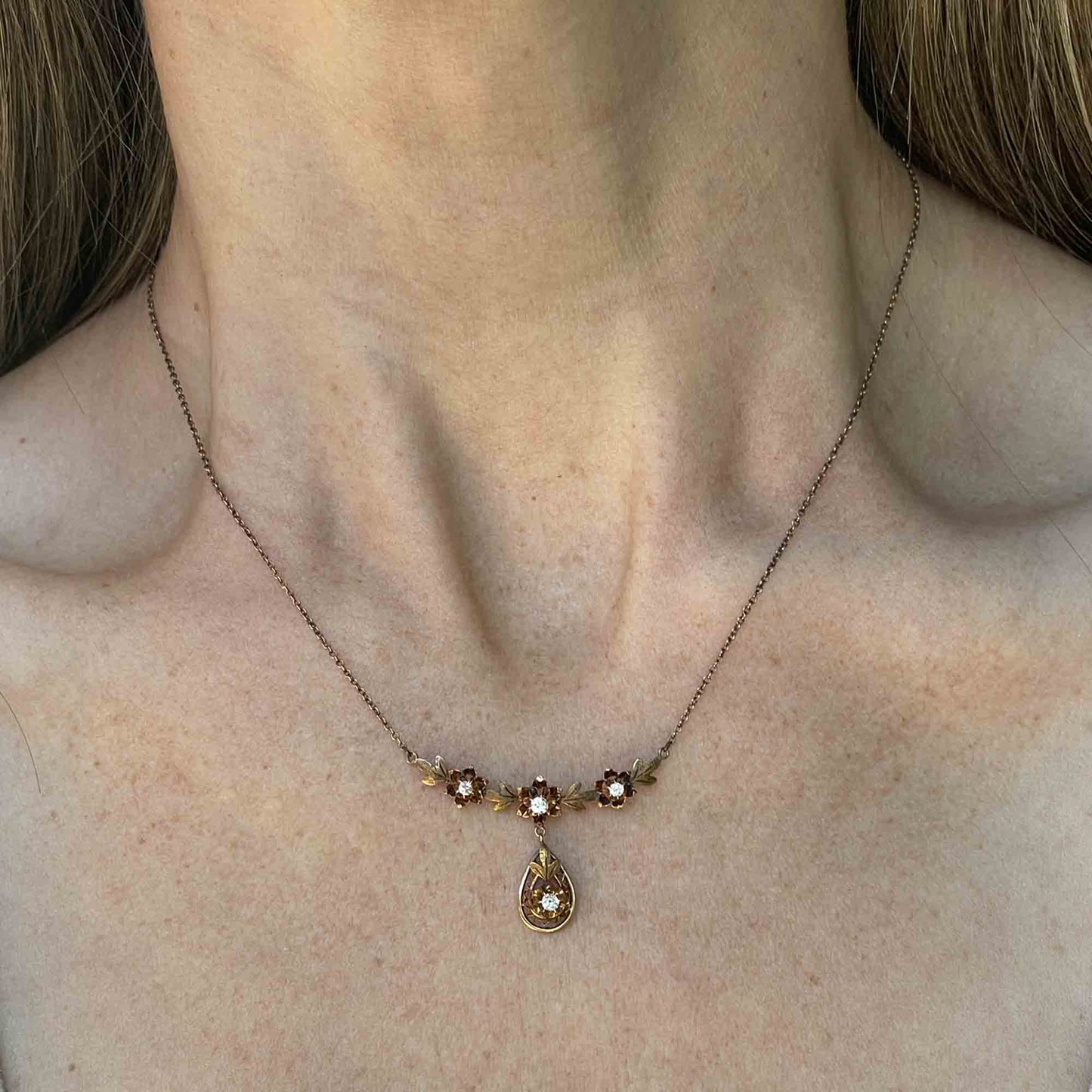 Antique Edwardian 10K Gold Diamond Floral Necklace