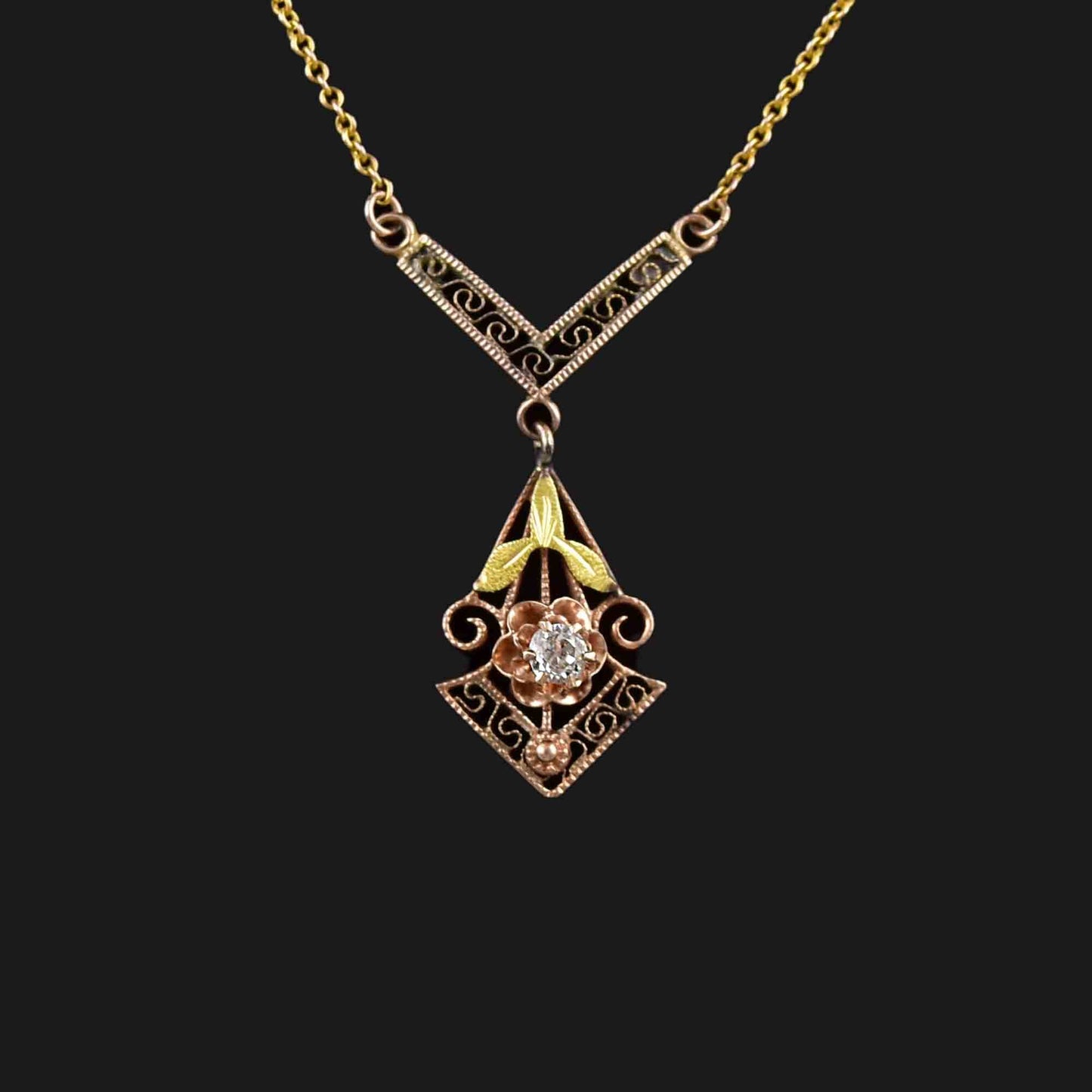 Antique Edwardian Filigree 10K Gold Buttercup Diamond Necklace