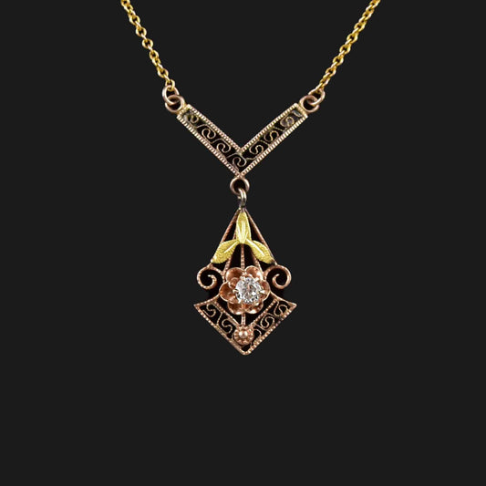 Antique Edwardian Filigree 10K Gold Buttercup Diamond Necklace