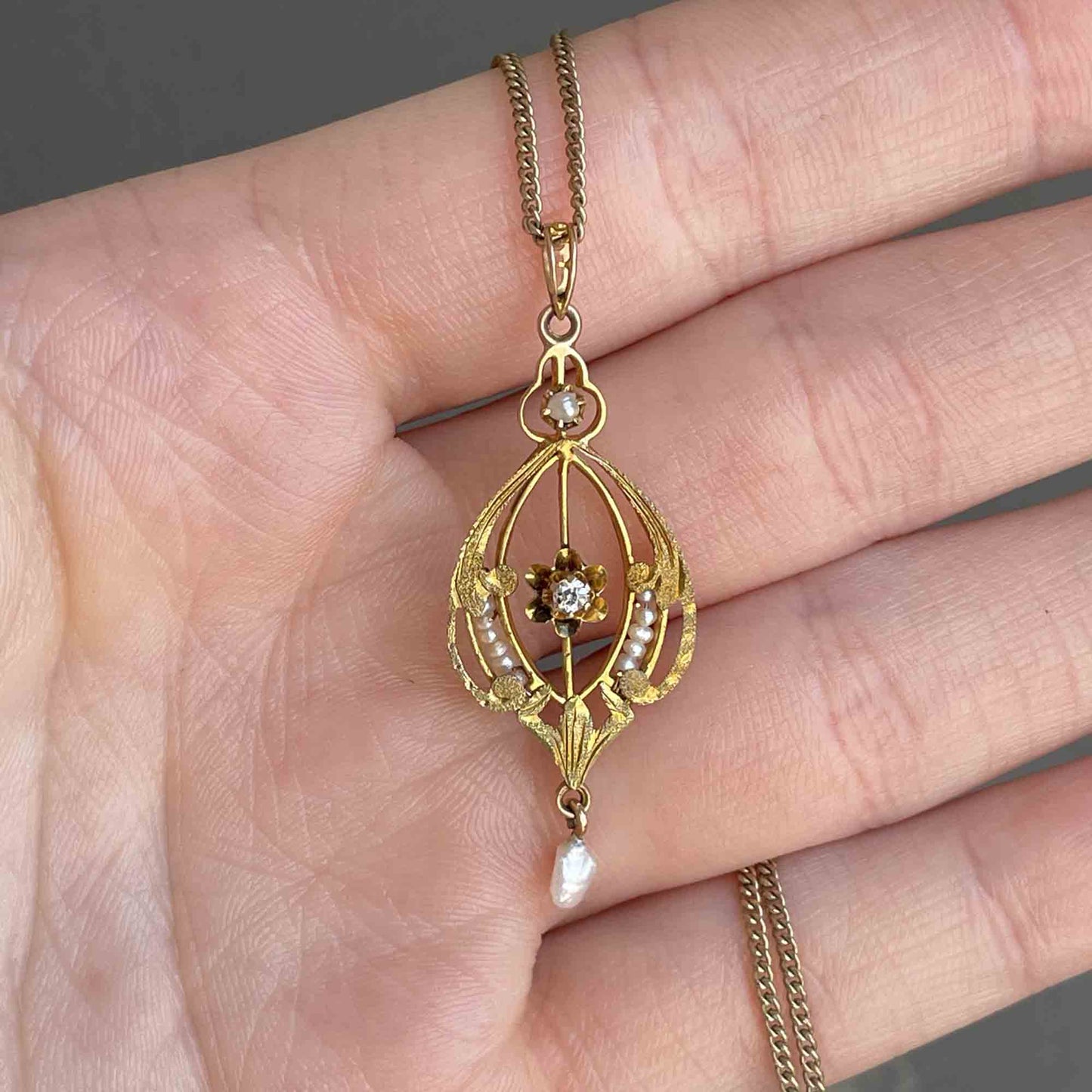 Antique Edwardian 10K Gold Pearl Diamond Lavalier
