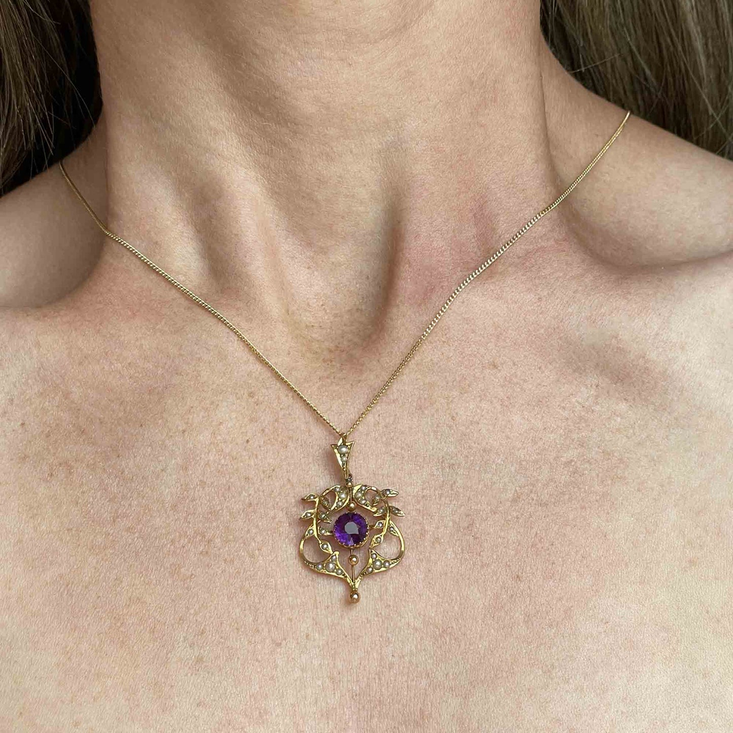 Antique Art Nouveau Gold Amethyst Lavaliere Necklace