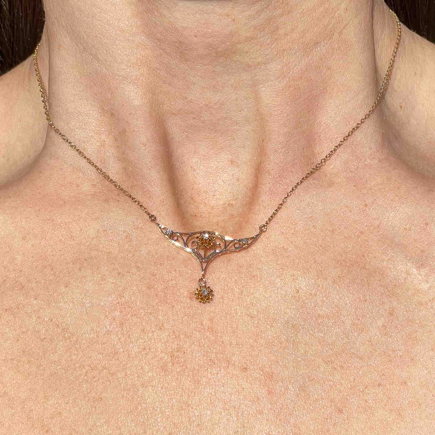 Antique Edwardian 10K Gold Filigree Diamond Necklace