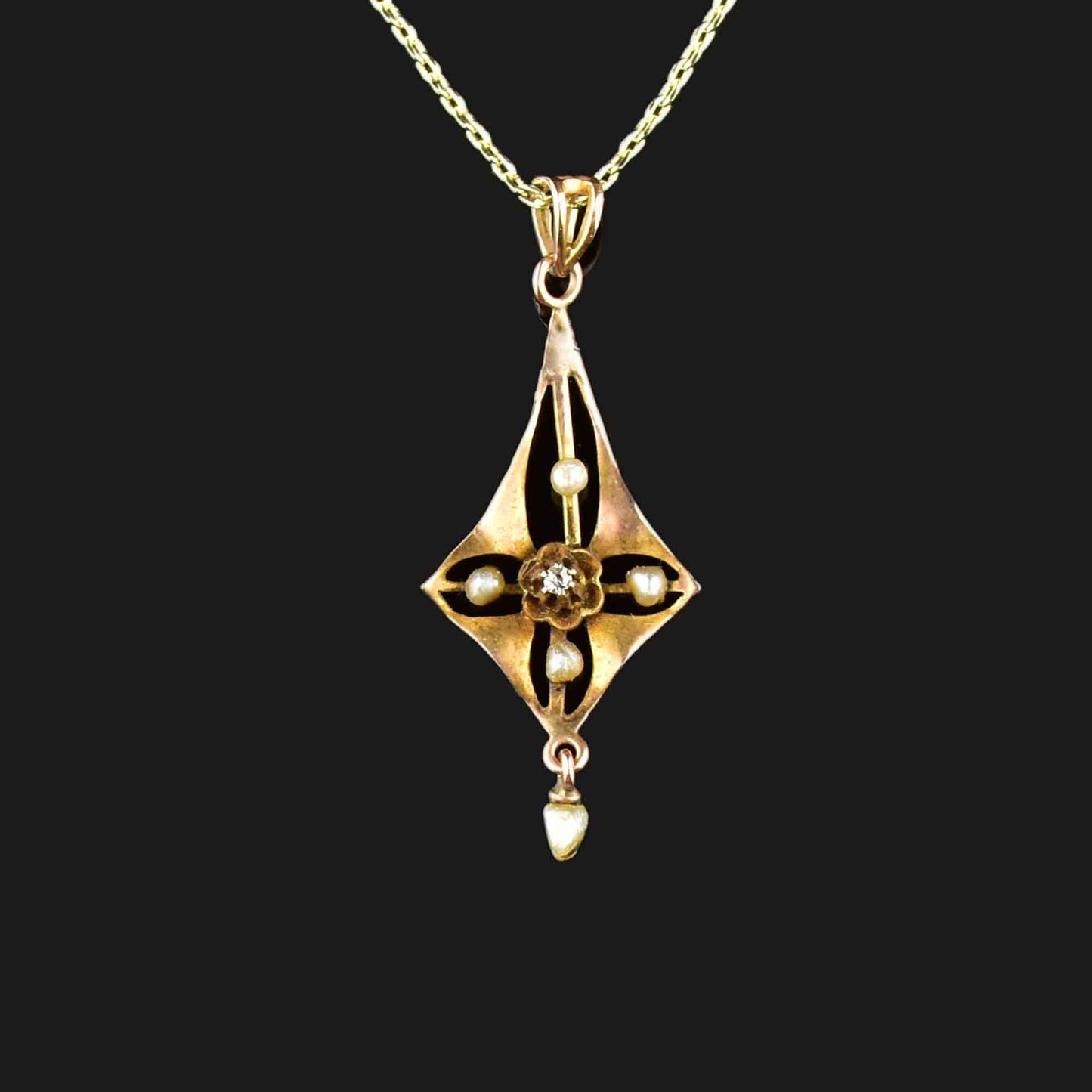 Antique Edwardian 10K Gold Diamond Pearl Lavalier Necklace