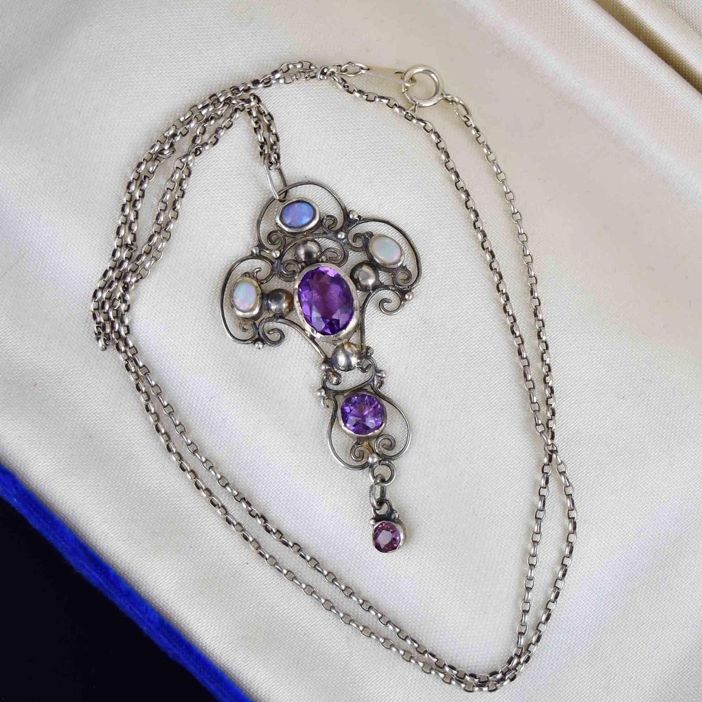 Antique Art Nouveau Style Amethyst Opal Pendant Necklace