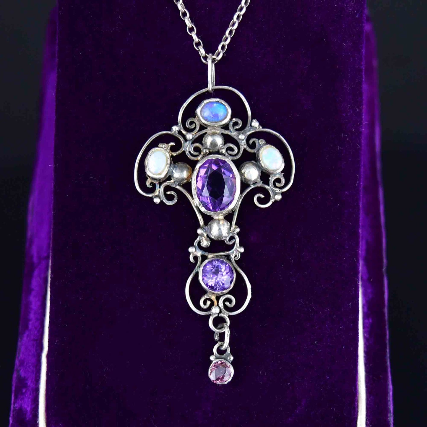 Antique Art Nouveau Style Amethyst Opal Pendant Necklace