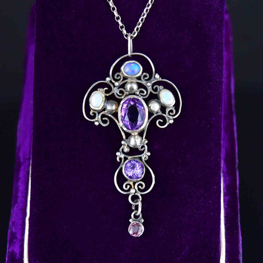 Antique Art Nouveau Style Amethyst Opal Pendant Necklace