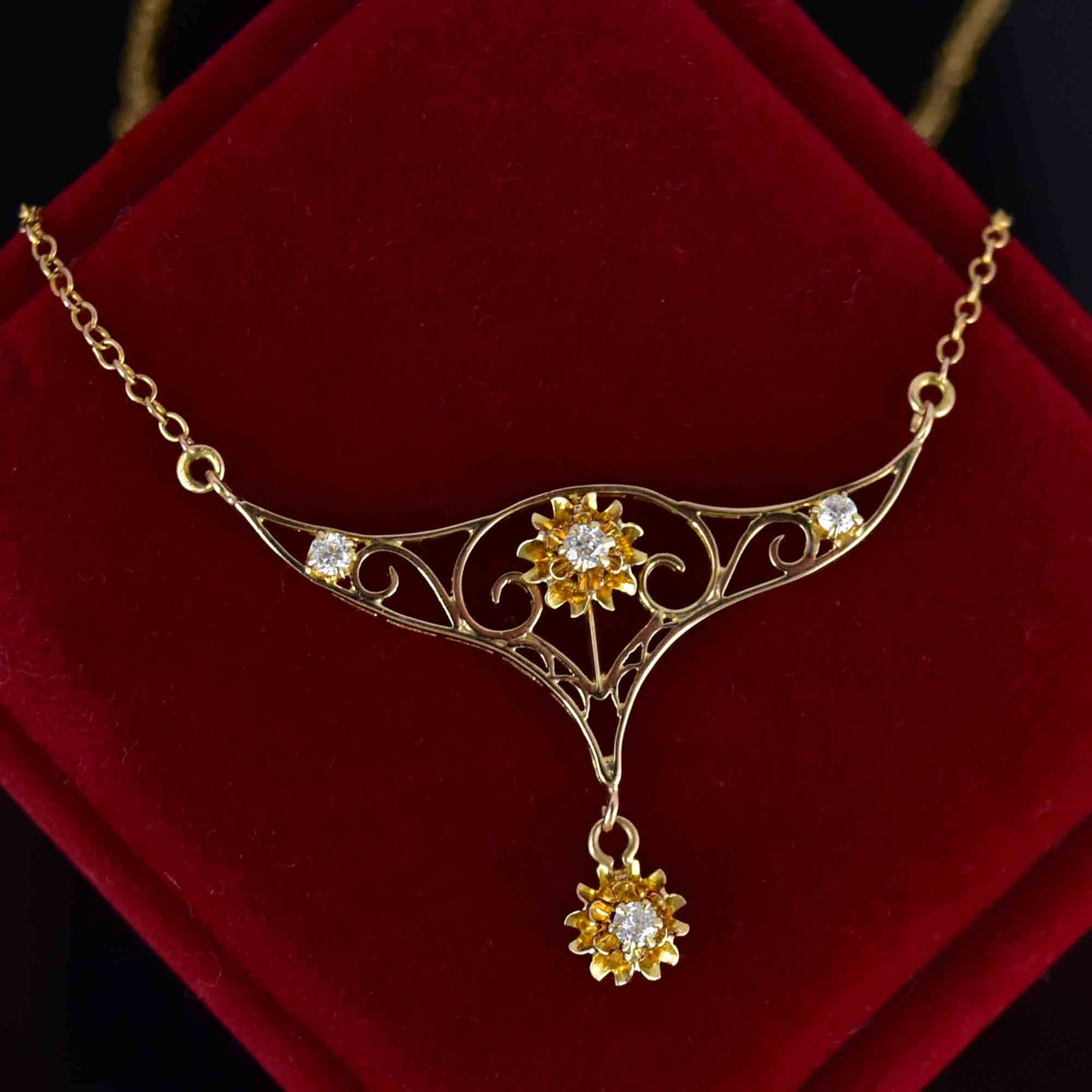 Antique Edwardian 10K Gold Filigree Diamond Necklace