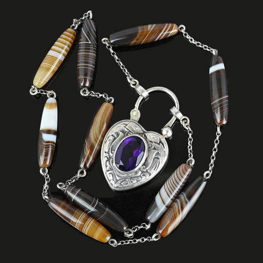 Antique Banded Agate Amethyst Heart Padlock Necklace