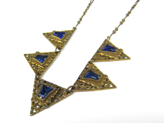 SOLD--Art Deco Blue Glass Filigree Triangle Necklace Brass c. 1930