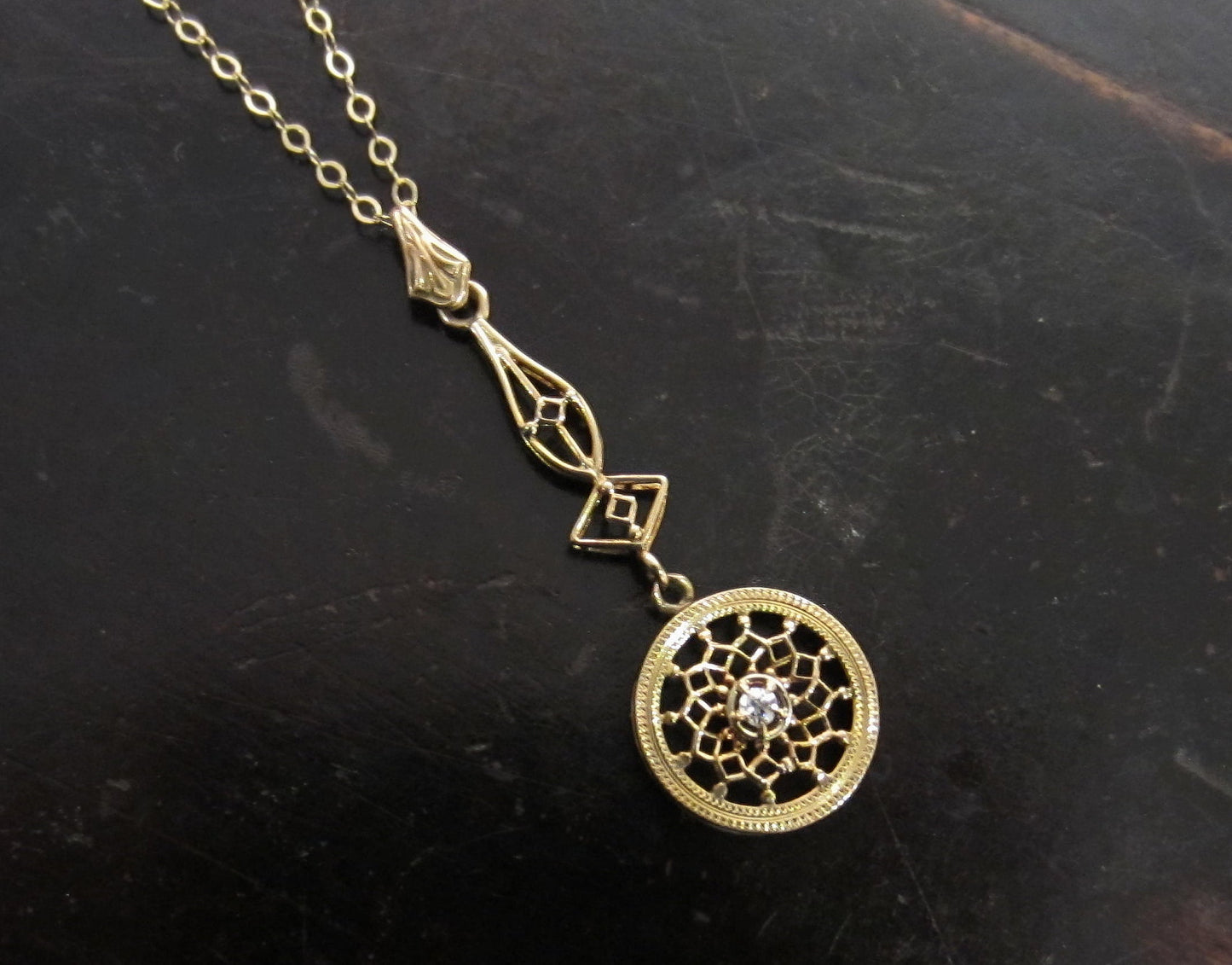 SOLD--Edwardian Diamond Filigree Pendant 10k c. 1915