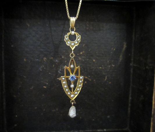 SOLD--Edwardian Sapphire and Pearl Lavalier 10k/14k c. 1910