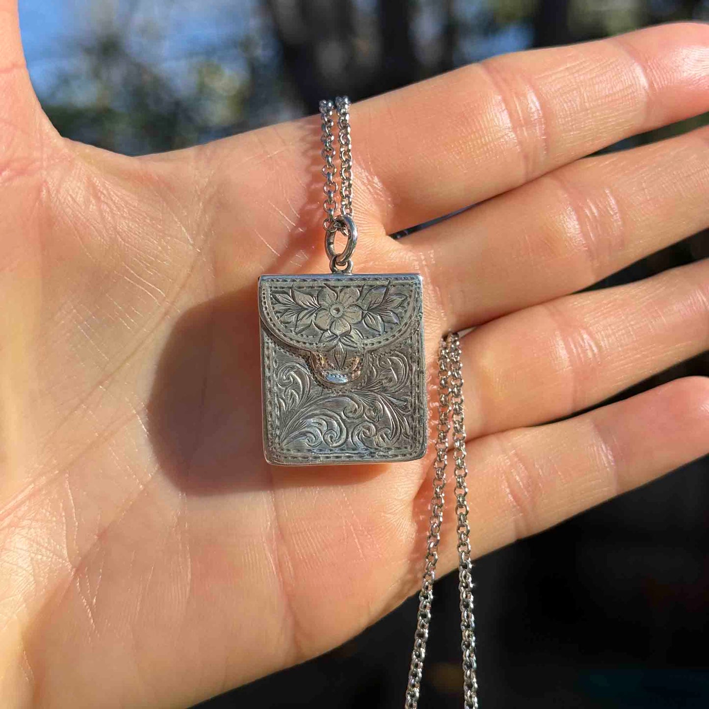 Antique Edwardian Forget Me Not Silver Stamp Holder Necklace