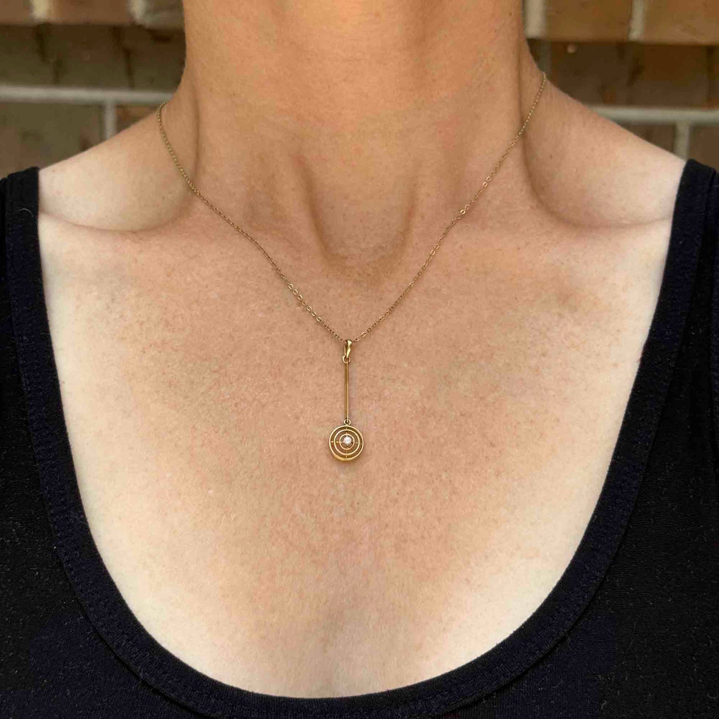 Antique Art Deco 14K Gold Pearl Target Lavalier Pendant Necklace