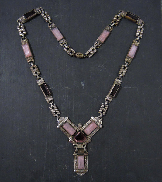 SOLD--Art Deco Purple Glass Necklace Silver Plate, Czech c. 1930