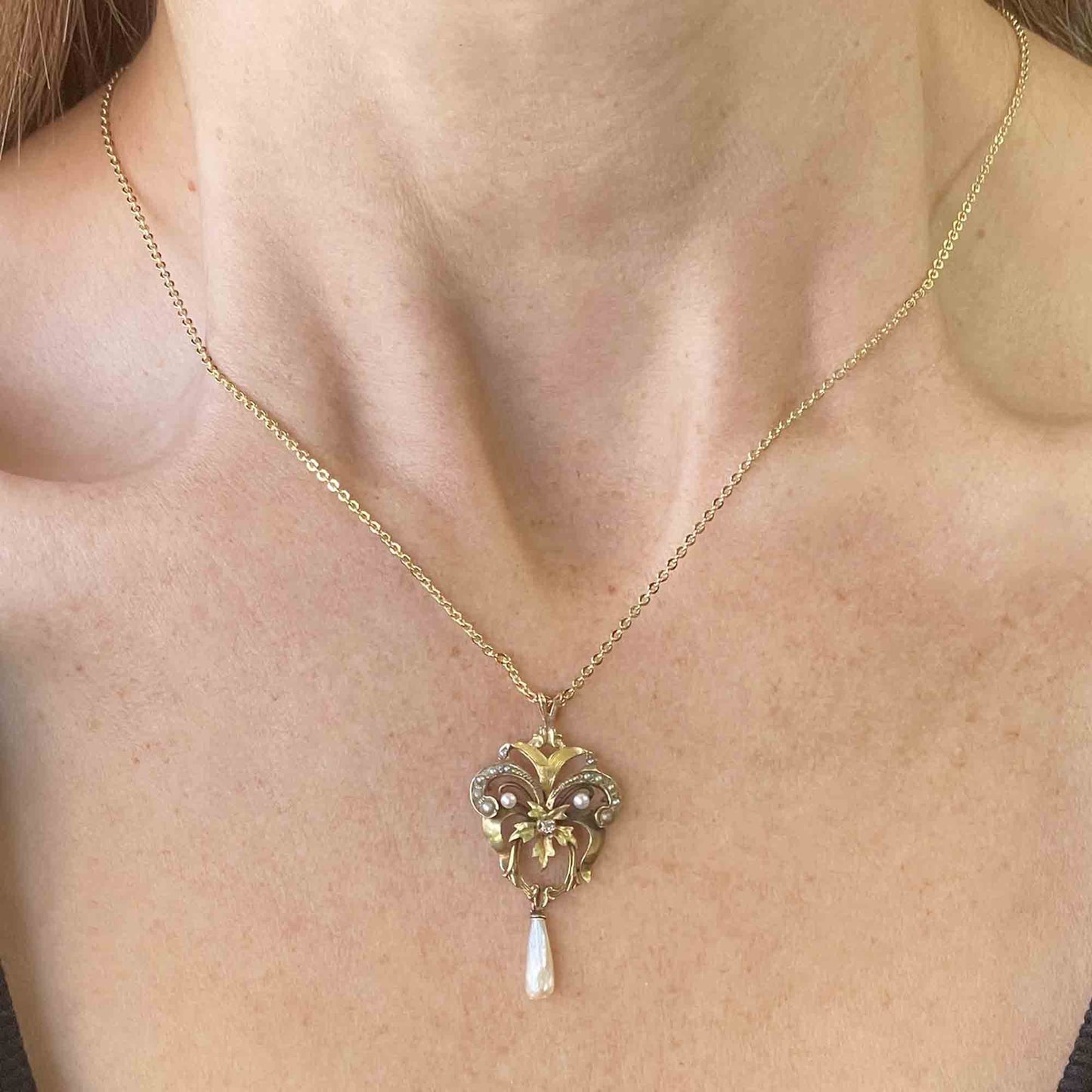 Antique Diamond Pearl 10K Gold Floral Lavalier Necklace