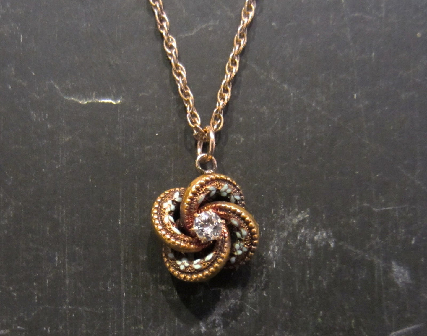 SOLD--Art Nouveau Diamond and Enamel Love Knot Pendant 14k c. 1900