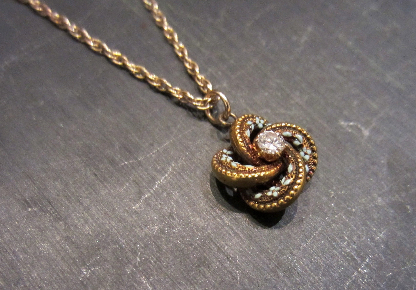 SOLD--Art Nouveau Diamond and Enamel Love Knot Pendant 14k c. 1900