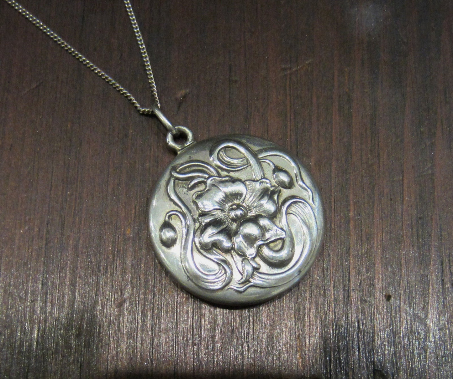 SOLD--Art Nouveau Flower Locket Sterling Silver c. 1900