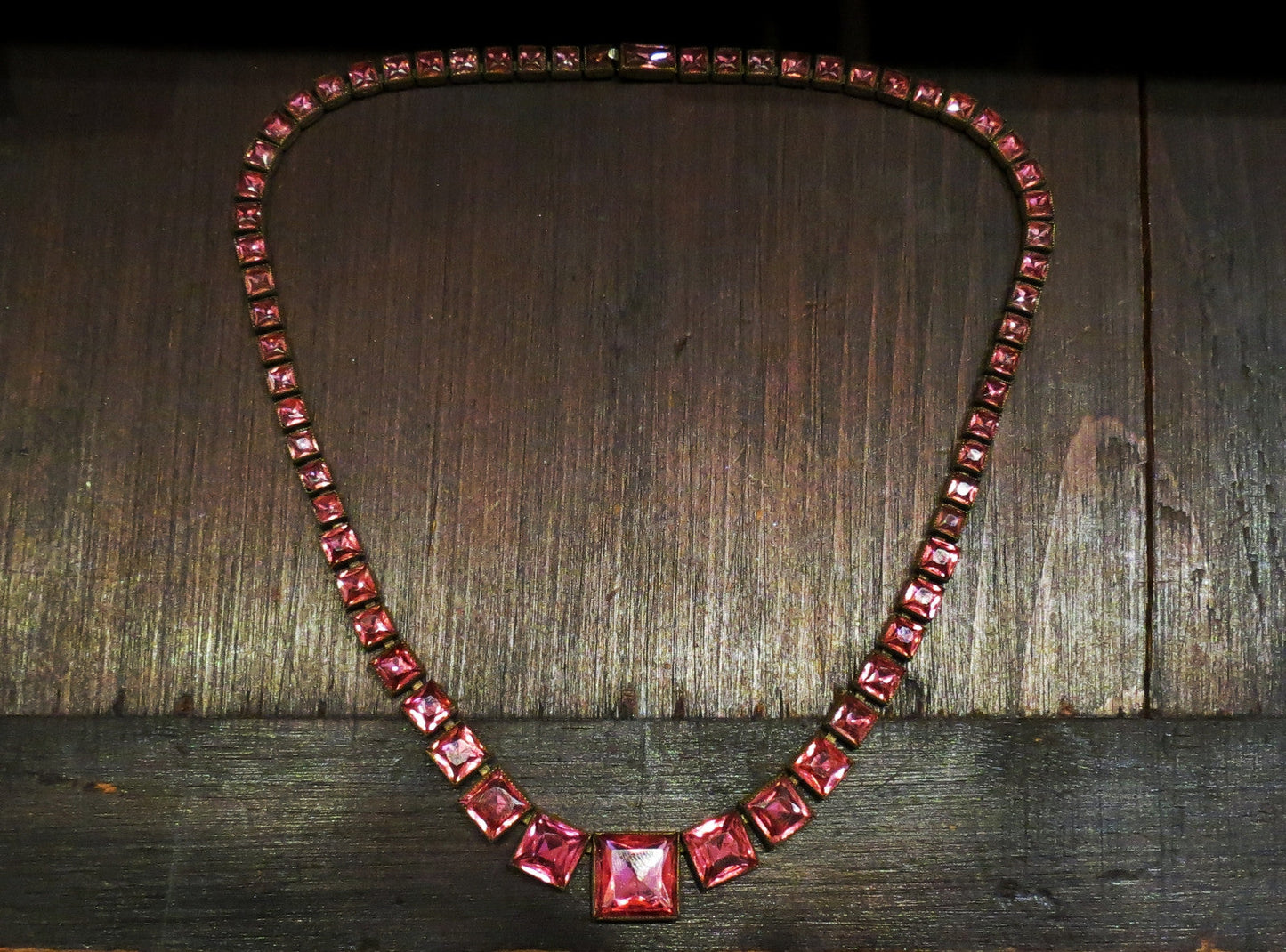 SOLD--Art Deco Pink Faceted Graduated Glass Necklace Brass, Czech c. 1930