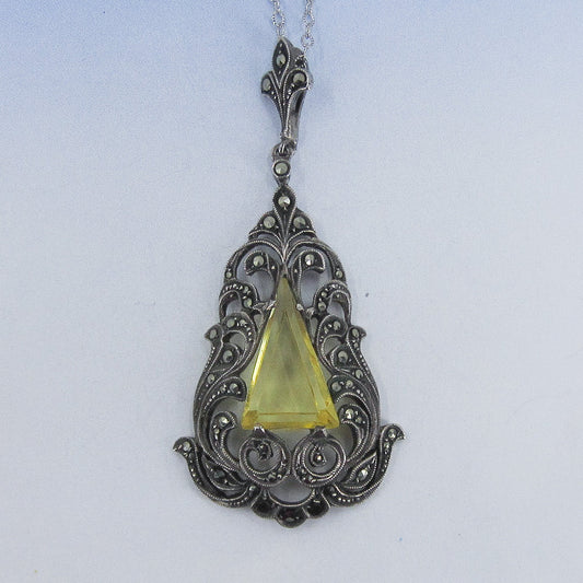 SOLD--Art Deco Marcasite and Yellow Glass Pendant Sterling Silver c. 1930