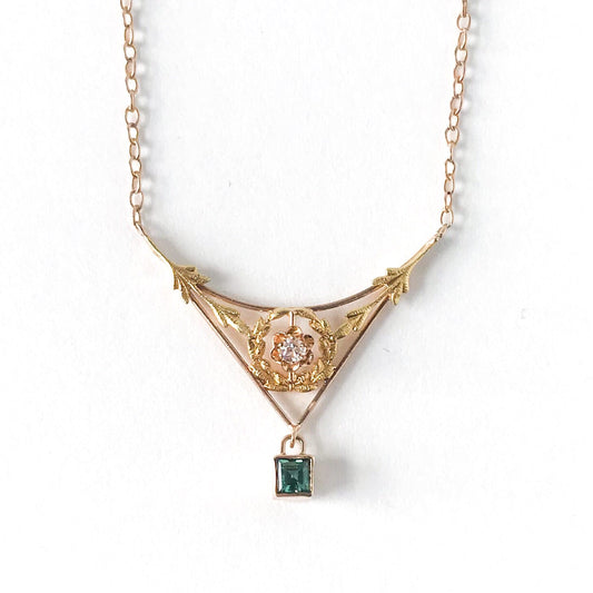 SOLD--Edwardian Old Mine Diamond and Tourmaline Necklace 14k c. 1910