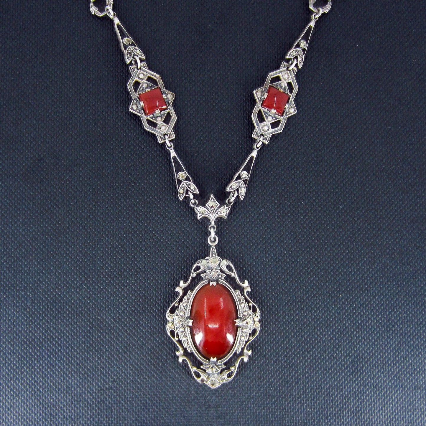 SOLD--Art Deco Carnelian and Marcasite Necklace Sterling c. 1930
