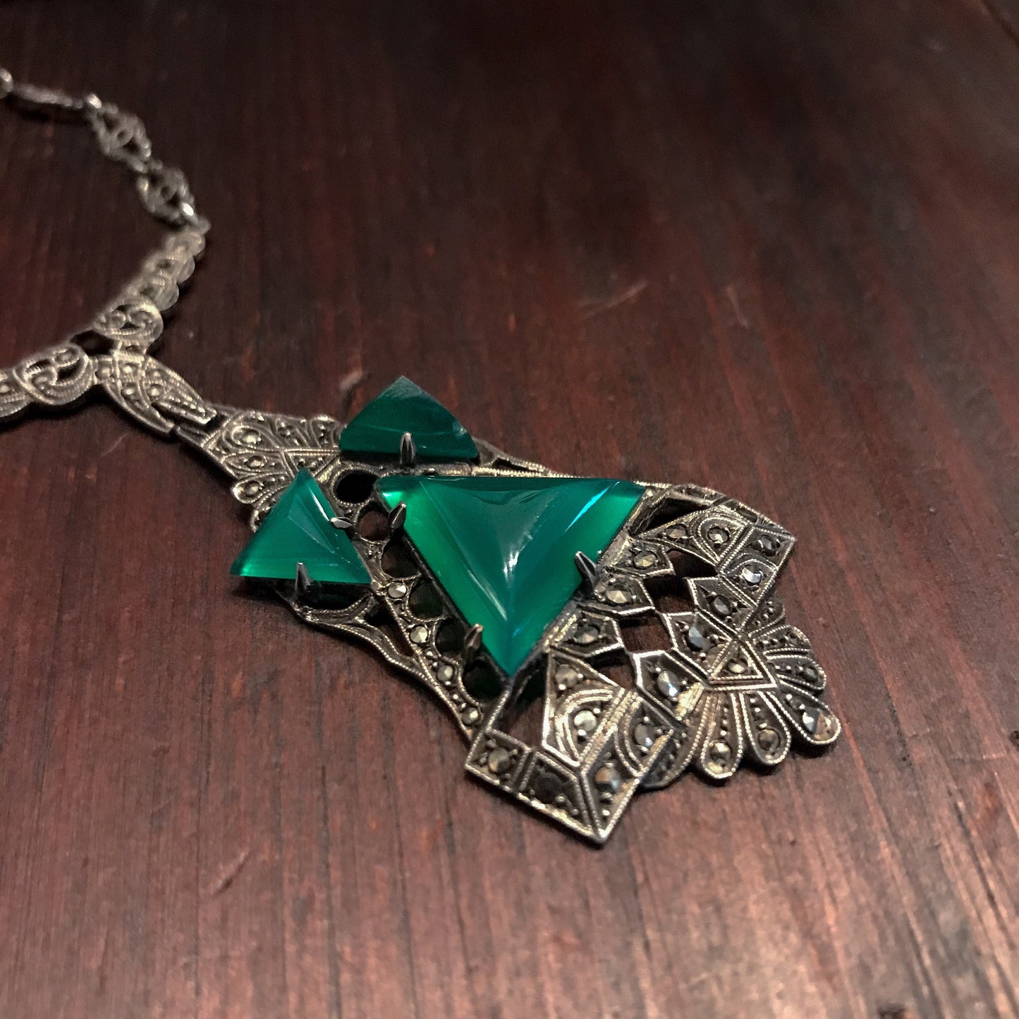 SOLD--Art Deco Marcasite and Chalcedony Necklace Sterling, Germany c. 1930