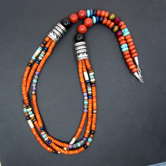 SOLD Vintage Navajo Sponge Coral Three Strand Necklace Sterling, Tommy Singer